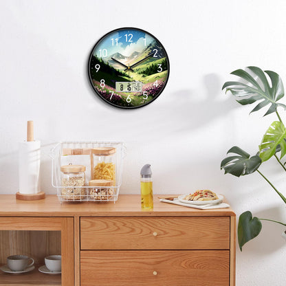 Wilderness Sunset Wall Clock, 12 Inch Silent Non-Ticking Battery Operated Analog Clock with LCD Date Day Temp Display, Decorative for Living Room, Bedroom, Kitchen, Office, Farmhouse, Cabin