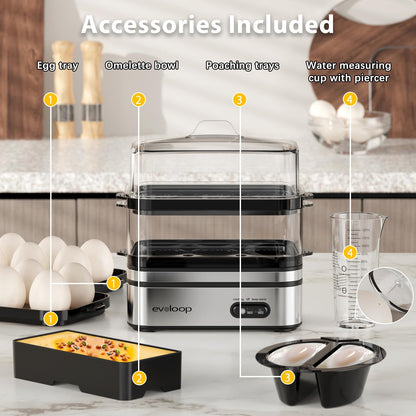Evoloop Rapid Egg Cooker Electric 12 Eggs Capacity, Soft, Medium, Hard Boiled, Poached, Omelet Maker Egg Poacher & Vegetable Steamer, BPA Free Tray