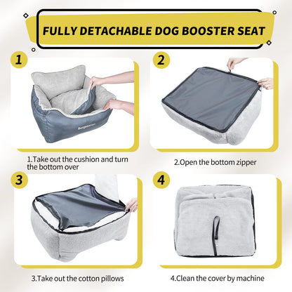 BurgeonNest Dog Car Seat for Small Dogs, Soft Pet Car Travel Home Bed Under 25 lbs, Fully Detachable and Washable Cat Booster Carseats with Storage Pockets and Clip-On Leash Portable Carrier,Black