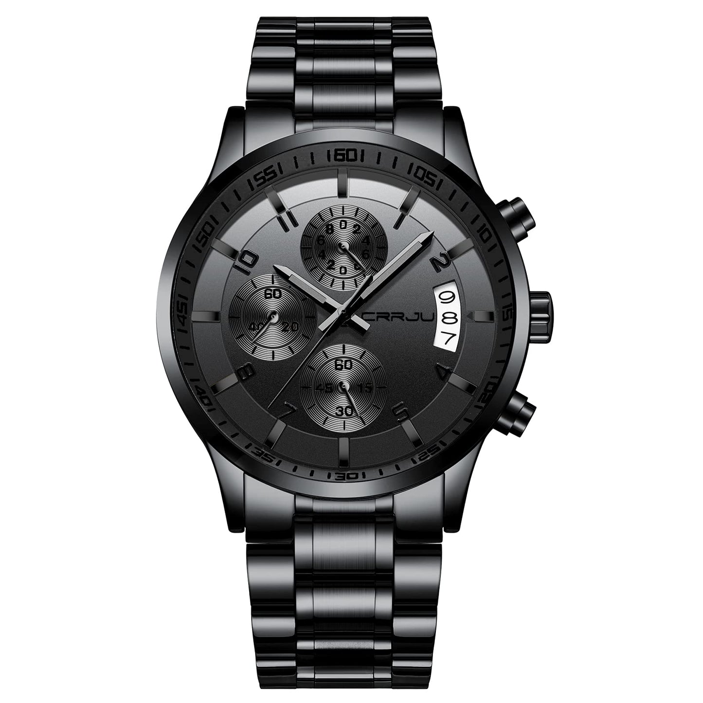 CRRJU Men's Fashion Stainless Steel Watches Date Waterproof Chronograph Wristwatches,Black Steel Band Waterproof Quartz Watch for Men