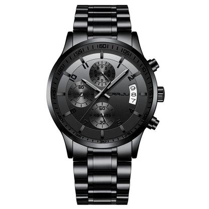 CRRJU Men's Fashion Stainless Steel Watches Date Waterproof Chronograph Wristwatches,Black Steel Band Waterproof Quartz Watch for Men