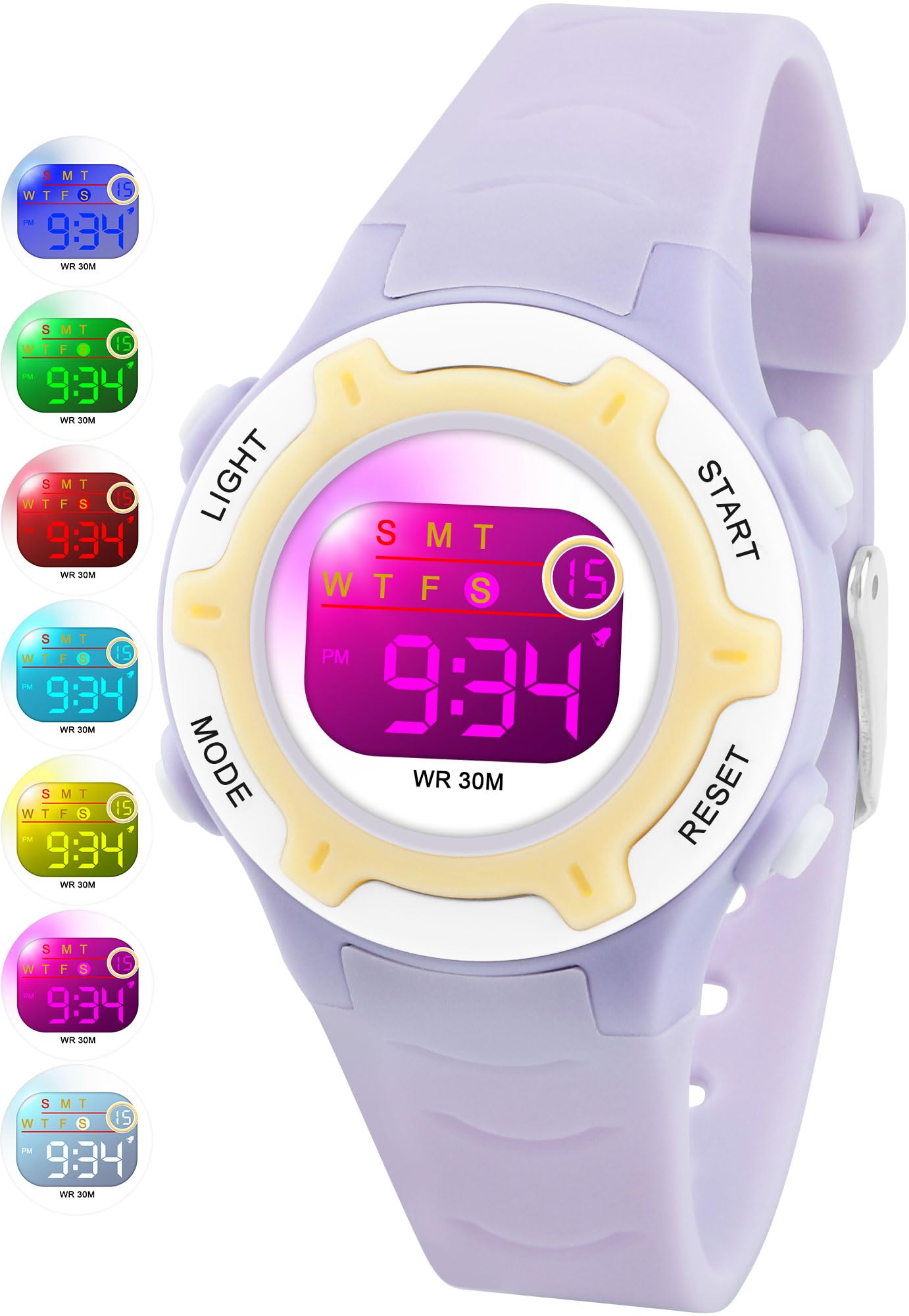 DTKID Digital Kids Watch 30 M Waterproof, 7 Color Lights Time Teaching Watch Easy to Read for Girls Boys 5-16