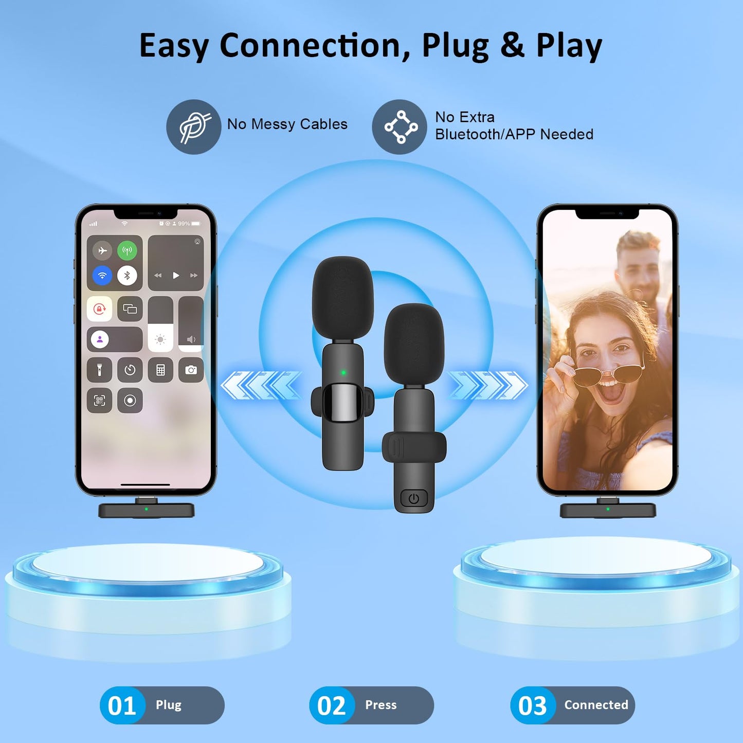 MAYBESTA Wireless Mini Microphone for iPhone, Android Phone - 2 Pack Lavalier Lapel Mic for Audio Video Recording - Clip on Content Creator Microphones for YouTube Tiktok Podcast Vlogging