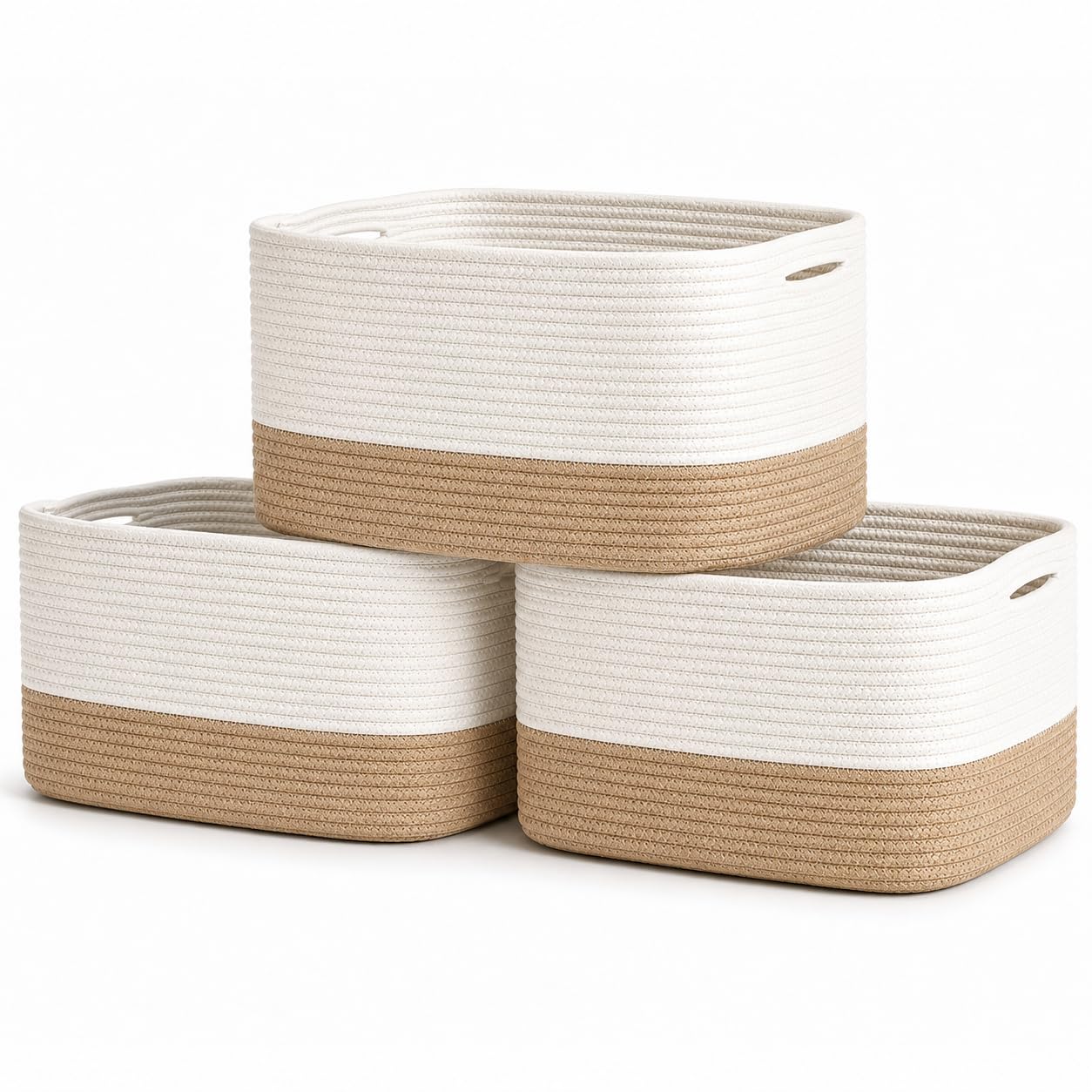 Light Honey Cotton Rope Baskets for Shelves, Set of 3 - 15"×10"×9½" - Woven Storage Baskets for Organizing - Closet, Nursery, Bedroom, Playroom - Toys, Books, Towels, Clothes