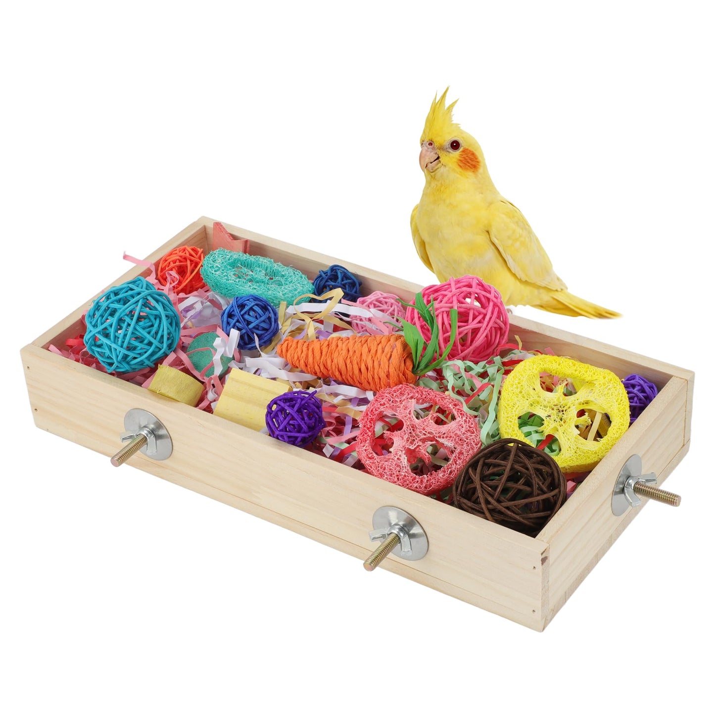 Bird Foraging Toys Box, Wooden Foraging and Shredding Toy for Birds, Bird Box for Mental Stimulation, Wood Colour