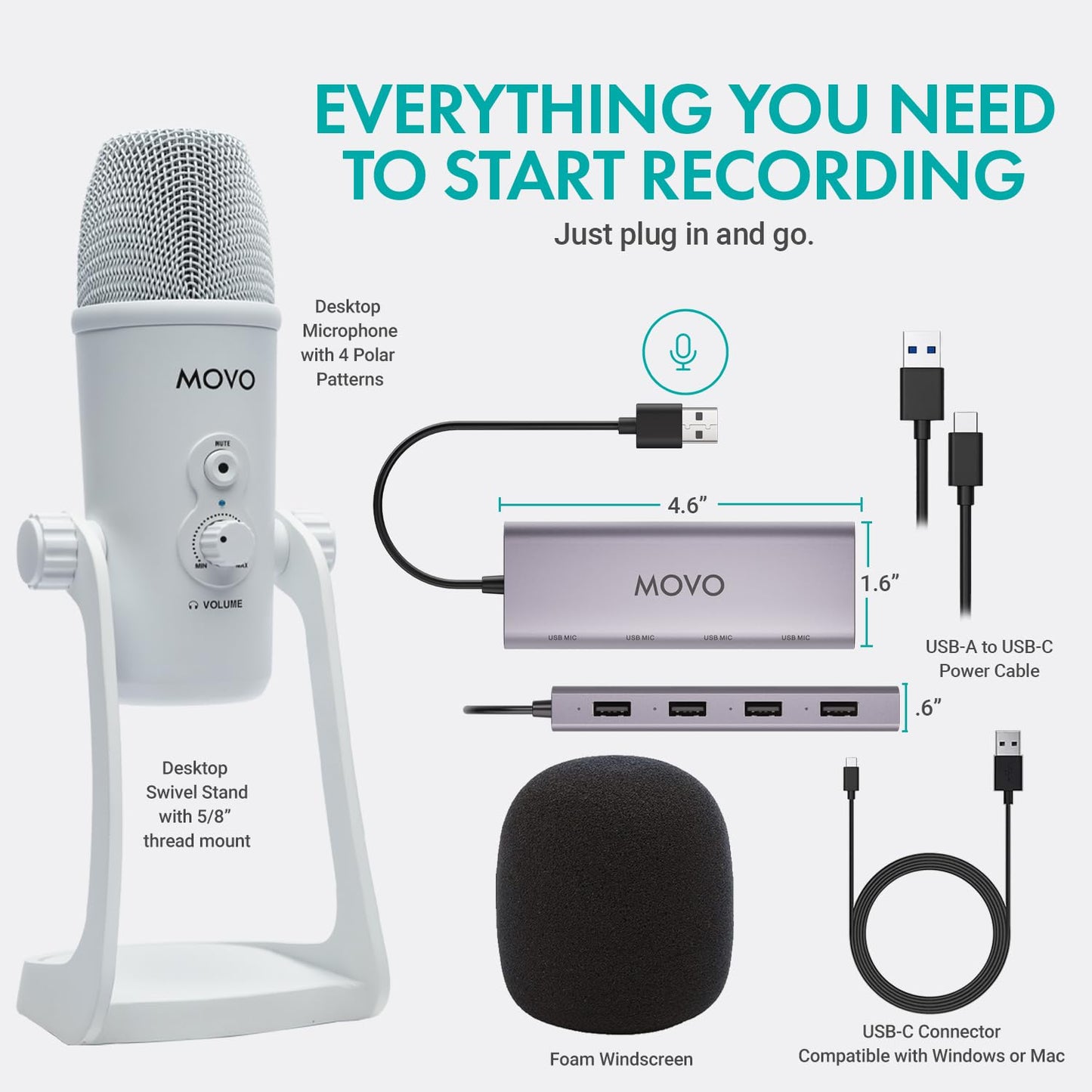 Movo USB Podcast Equipment Bundle for 4 – USB Interface with 4 UM700 Condenser Microphones – 4-Port Powered Hub for Streaming, Podcasting, Interviews (White)