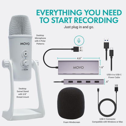 Movo USB Podcast Equipment Bundle for 4 – USB Interface with 4 UM700 Condenser Microphones – 4-Port Powered Hub for Streaming, Podcasting, Interviews (White)