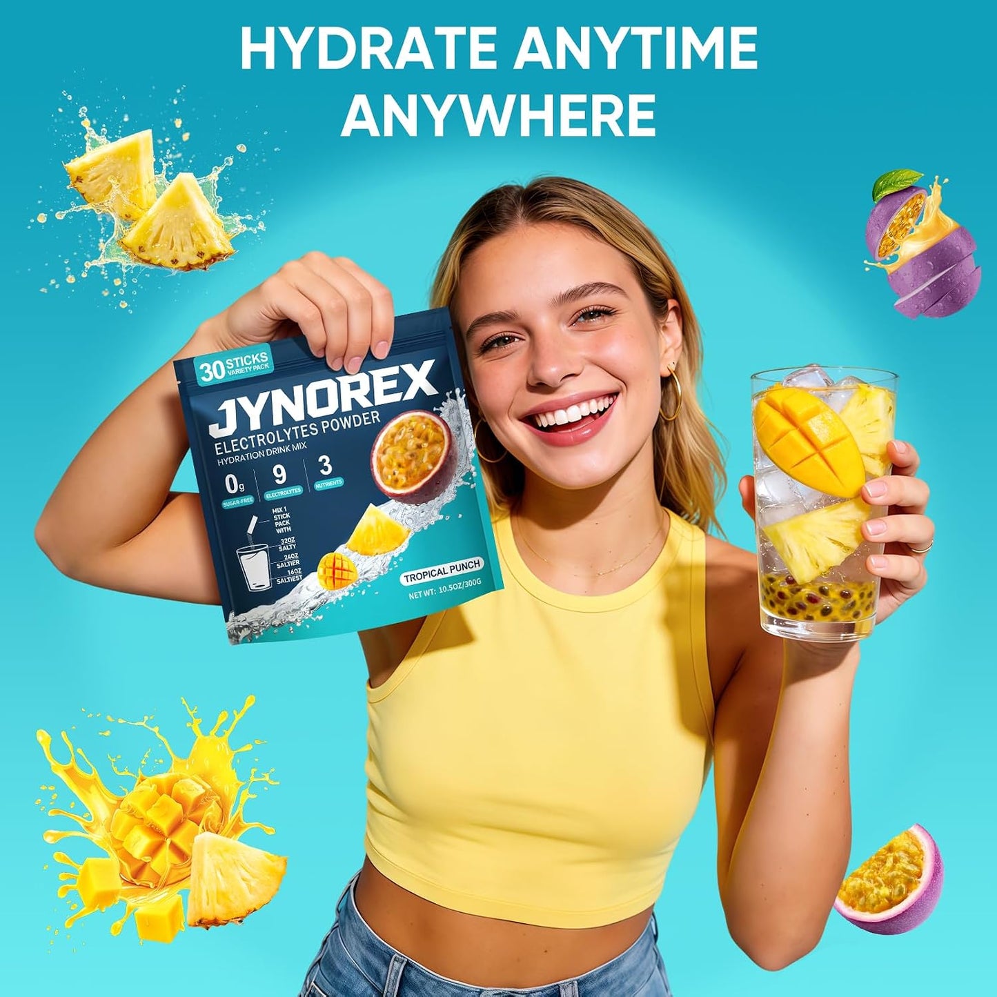 Electrolytes Powder Packets Sugar Free, 30 Sticks High Sodium Hydration Packets, Electrolyte Drink Mix with Lemon Lime Watermelon Peach Berry Kiwi Tropical Punch Lychee Cranberry, 10.5OZ