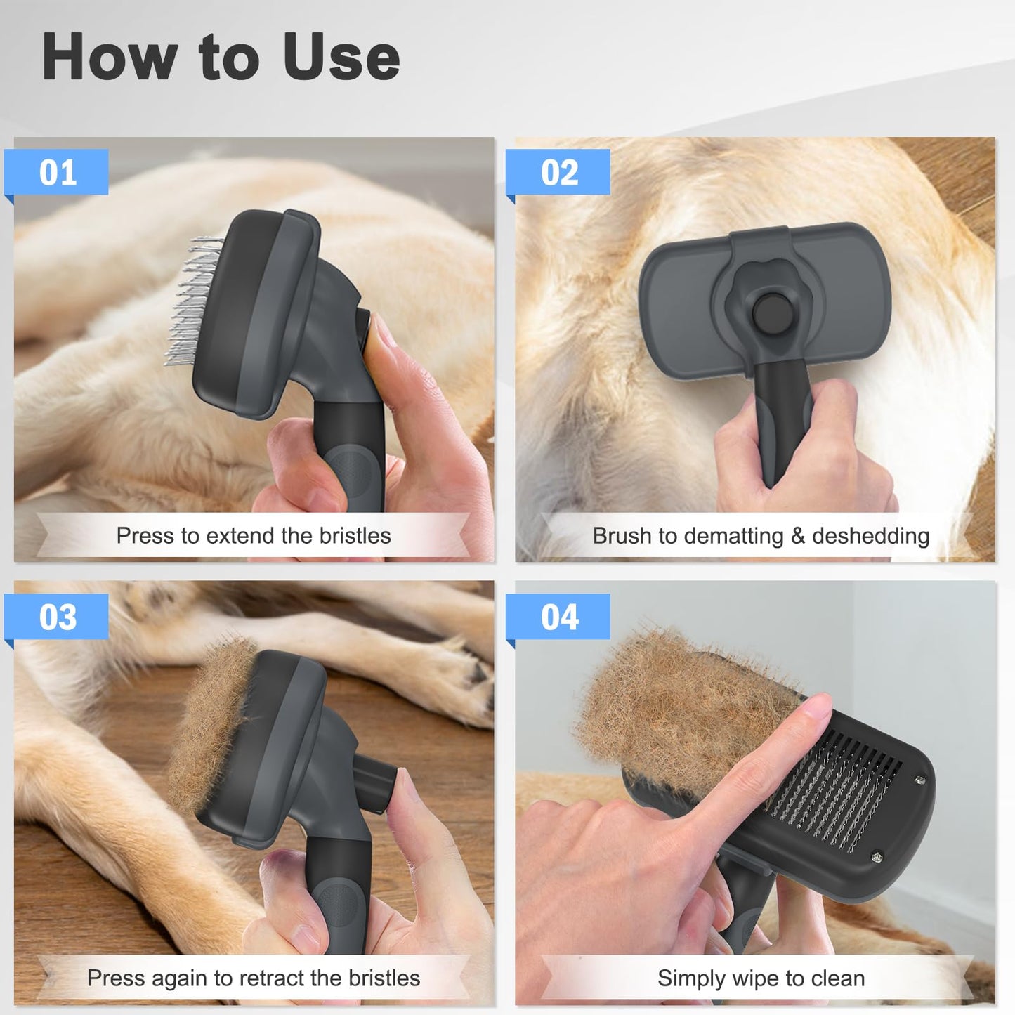 Dipoo Self Cleaning Shedding Brush - Skin Friendly Grooming Tool for Dogs, Cats, and Puppies, Deshedding and Hair Removal for Long and Short Haired Pets, Black