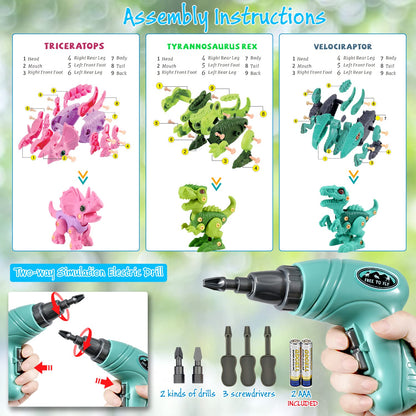 Dinosaur STEM Toys for Kids 3-5, Take Apart Dinosaur Toys with Electric Drill, Educational Building Toy & Construction Set, DIY Christmas Birthday Gifts for 3 4 5 6 7 8 Years Old Boys and Girls