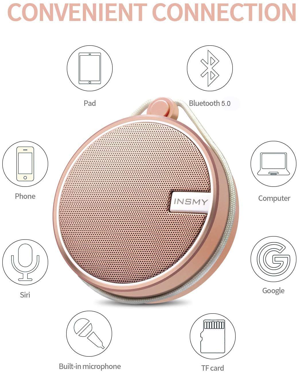 INSMY C12 IPX7 Waterproof Shower Bluetooth Speaker, Portable Small Speaker, Speakers Bluetooth Wireless Loud Clear Sound Support TF Card Suction Cup for Kayak Canoe Beach Gift (Black)