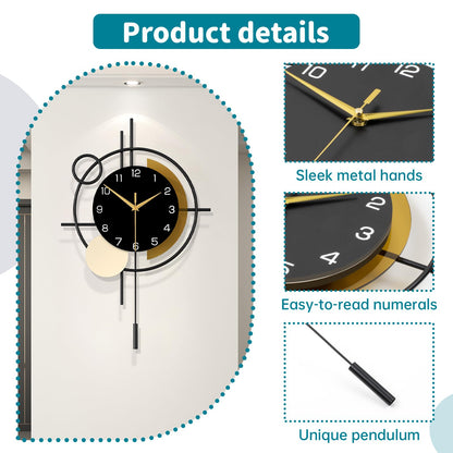 Wall Clock Decorative Large Modern Wall Clock Silent Non-Ticking Battery Operated Gold Unique Pendulum Clock for Living Room,Bedroom,Office,Kitchen,Bathroom,Wall Decor 13.8x21.9in