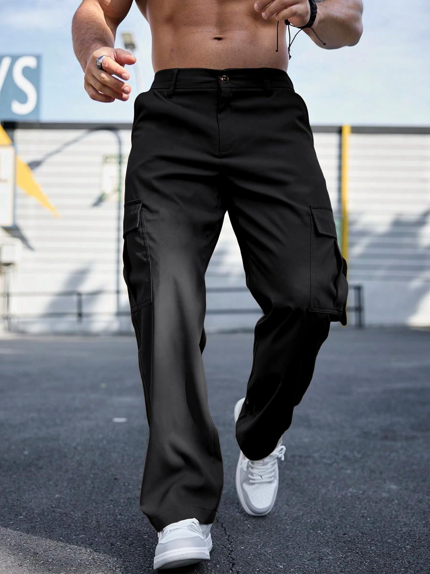 Comdecevis Mens Casual Cargo Pants Baggy Straight Leg Sweatpants with Large Flap Pockets Hiking Sports Trousers