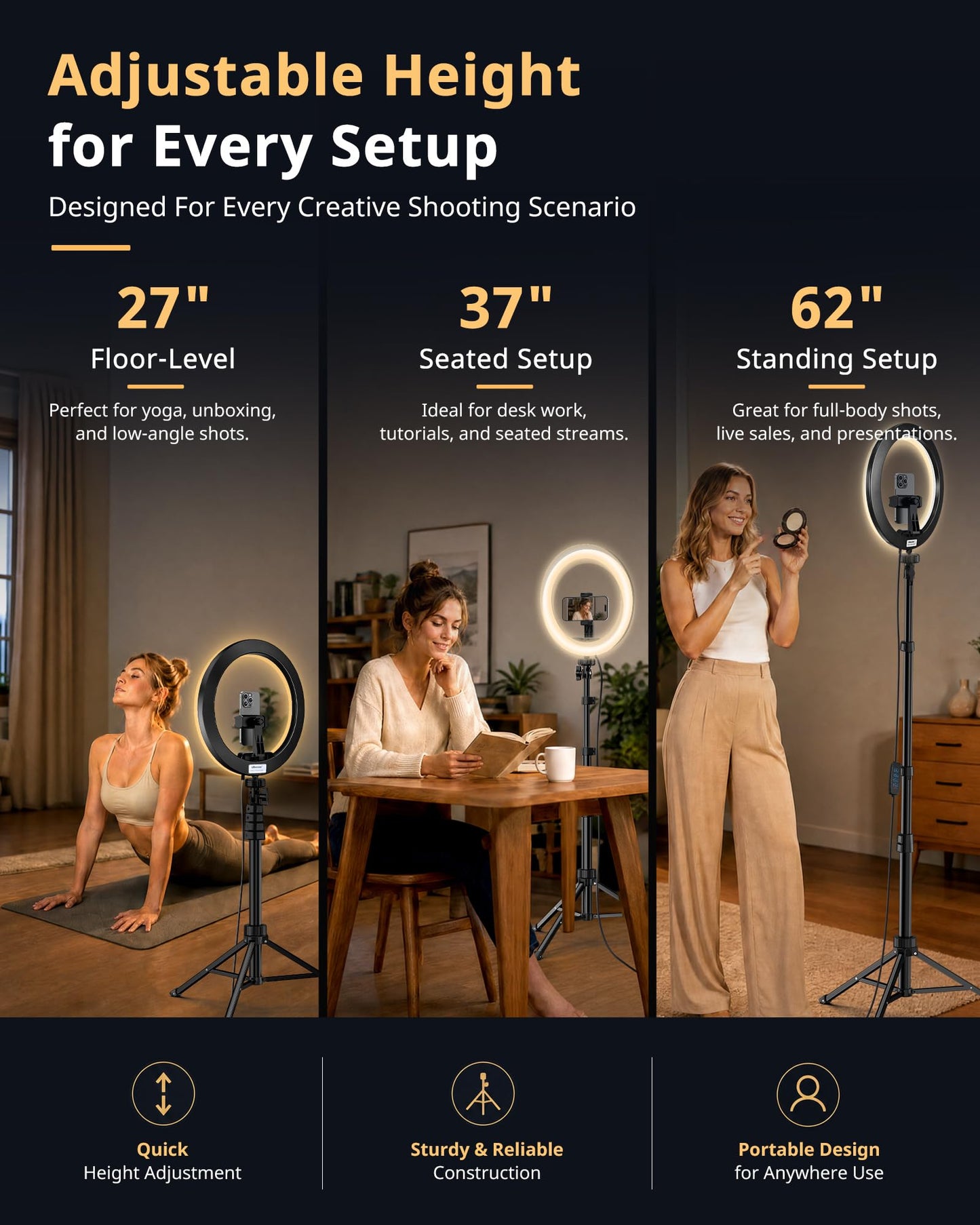 UBeesize 12'' LED Ring Light with 62'' Tripod Stand, Selfie Ring Light for Video Recording, Live Streaming, TikTok & YouTube, Compatible with iPhone & Android (Black)