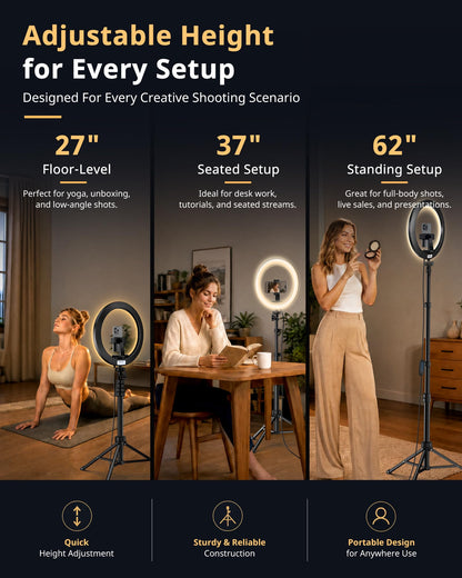 UBeesize 12'' LED Ring Light with 62'' Tripod Stand, Selfie Ring Light for Video Recording, Live Streaming, TikTok & YouTube, Compatible with iPhone & Android (Black)
