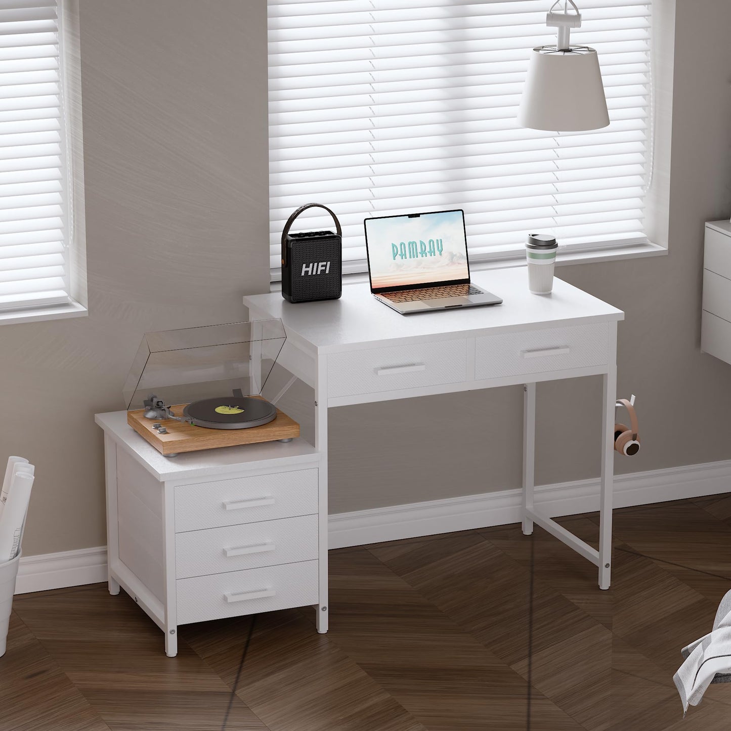 Pamray 47 inch Computer Desk with 5 Drawers and Printer Space for Office | Ample Storage, Space-saving, Easy Assembly, Sturdy, Suitable for Home Office, Study and Writing, Bedroom and Dorms