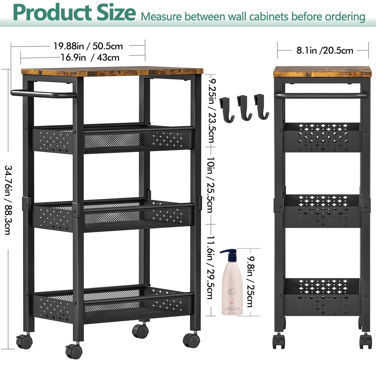 Vivihomety Utility Slim Storage Cart with Wheels, 4 Tier Small Rolling Cart with Wood Top, Metal Kitchen Bathroom Laundry Room Organization Trolley with Handle for Narrow Space – Black