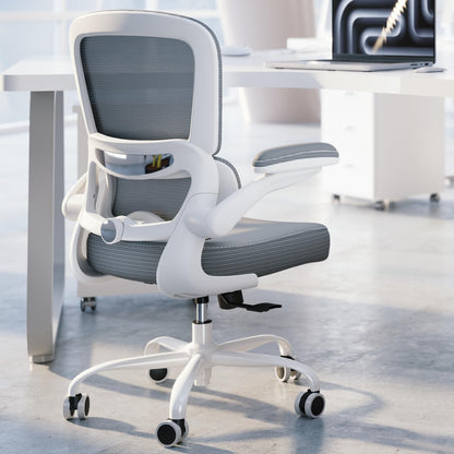 TRALT Ergonomic Office Chair - Desk Chair with Adjustable Lumbar Support Computer Chair - Mesh Comfy Chair with Flip-up Armrests - Gaming Chairs for Adults Home Office (Leather, White)