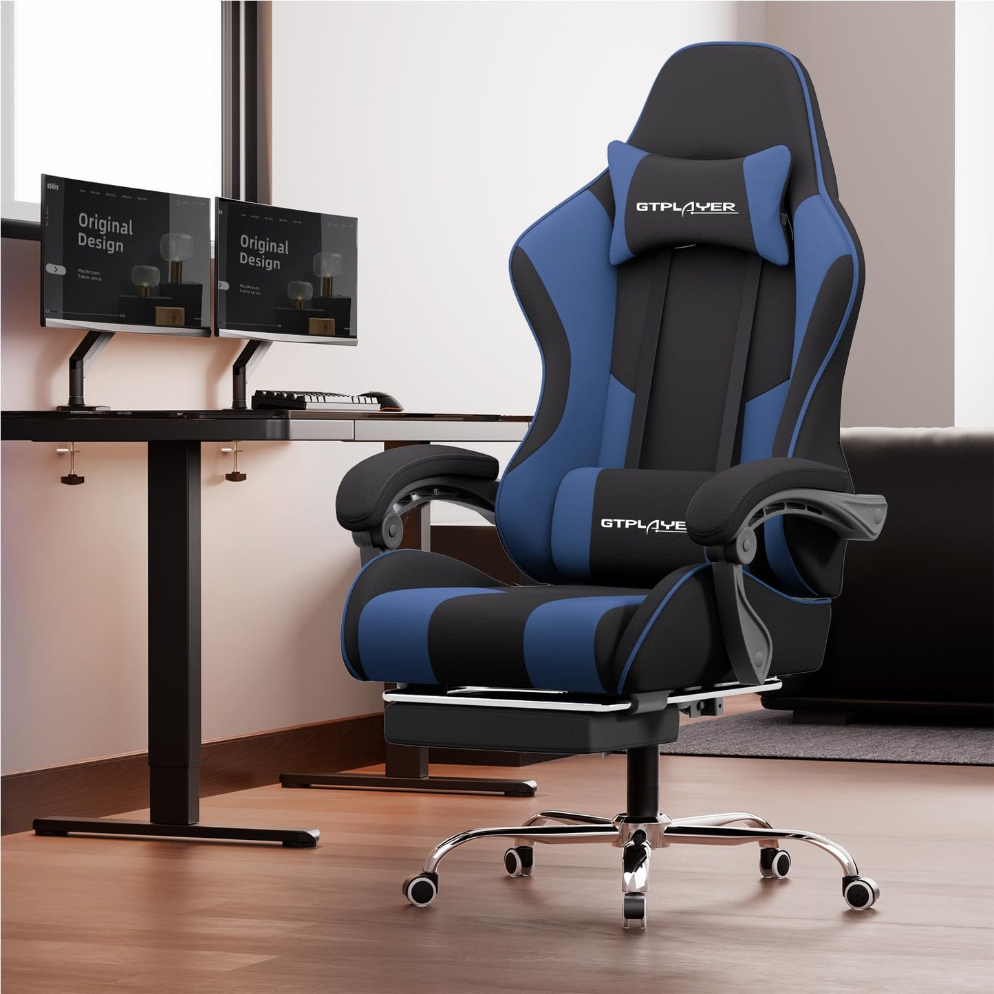 GTPLAYER Gaming Chair, Computer Chair with Footrest and Lumbar Support, Height Adjustable Game Chair with 360°-Swivel Seat and Headrest and for Office or Gaming (Pearl White)