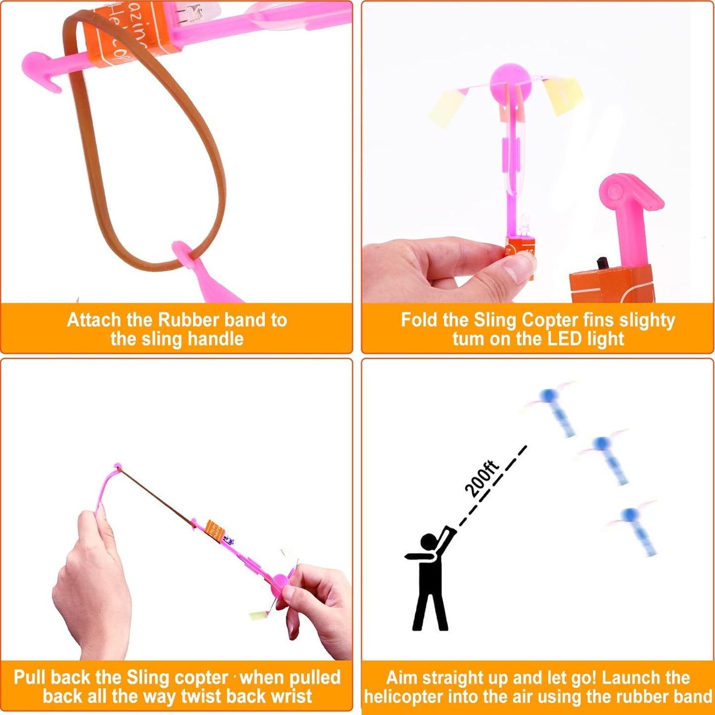 lpvoqpth 25 Sets LED Flying Set, 25 Slingshot+25 Glow Helicopter-50 Pcs, Flying Toy Outdoor Toys Glow in the Dark Party Supplies Party Favors for Kids 8-12,4-8