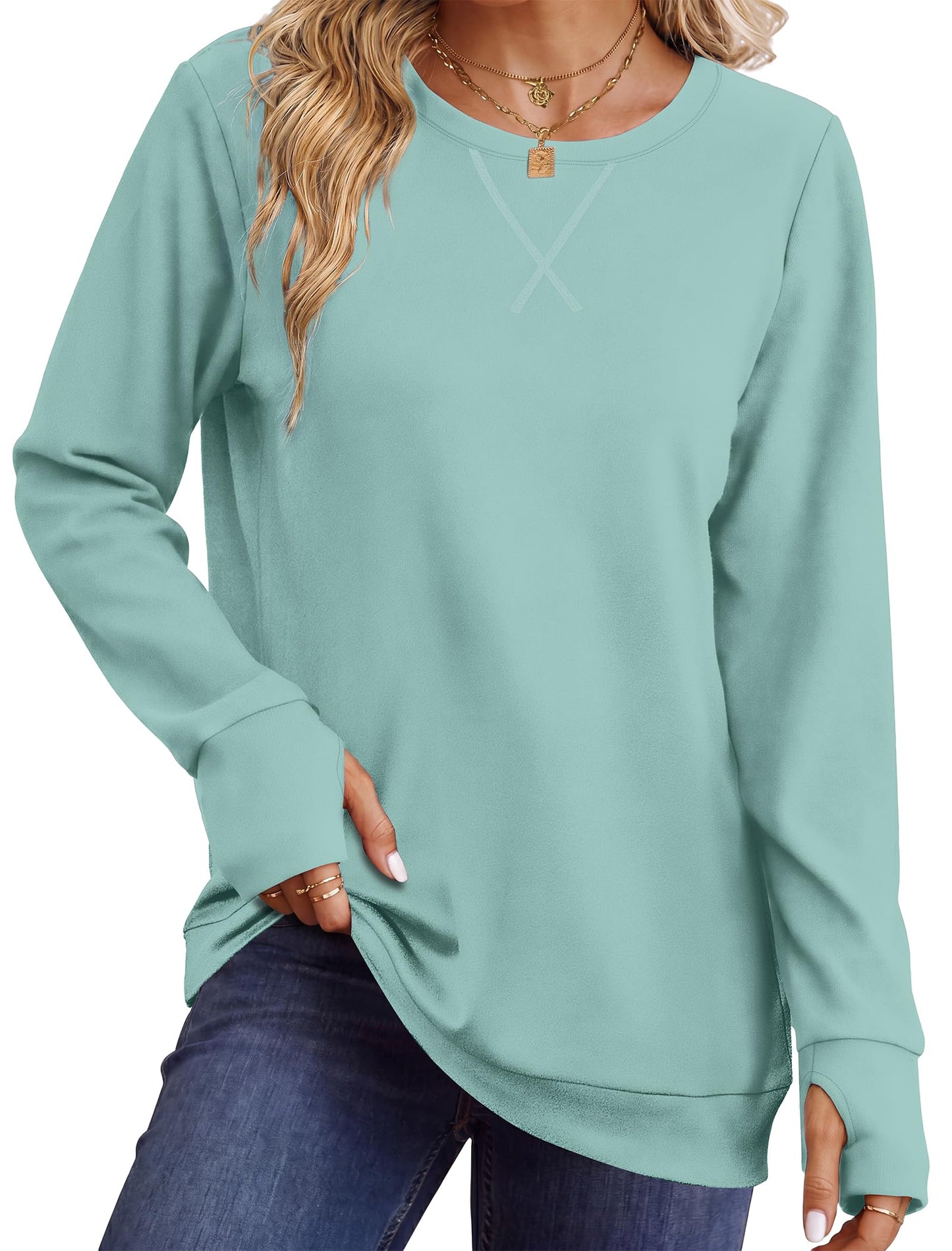 WIHOLL Womens Crewneck Sweatshirt Thumb Hole Long Sleeve Casual Fall Tops | Erly Fall Fashion, School Teacher Outfits, Long Sleeve Shirts, Winter Clothes, Pullover, Lightweight, Trendy