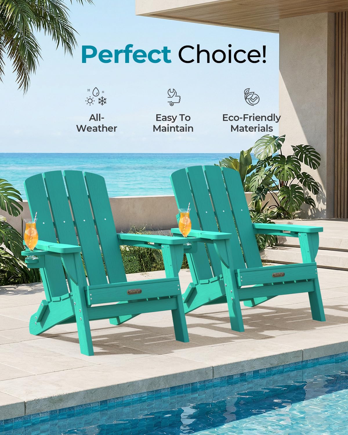 Folding Adirondack Chair, HDPE Adirondack Chairs with 2 Cup Holder, Plastic All-Weather Fire Pit Chairs, Outdoor Lawn Chair for Patio Garden (Grey)
