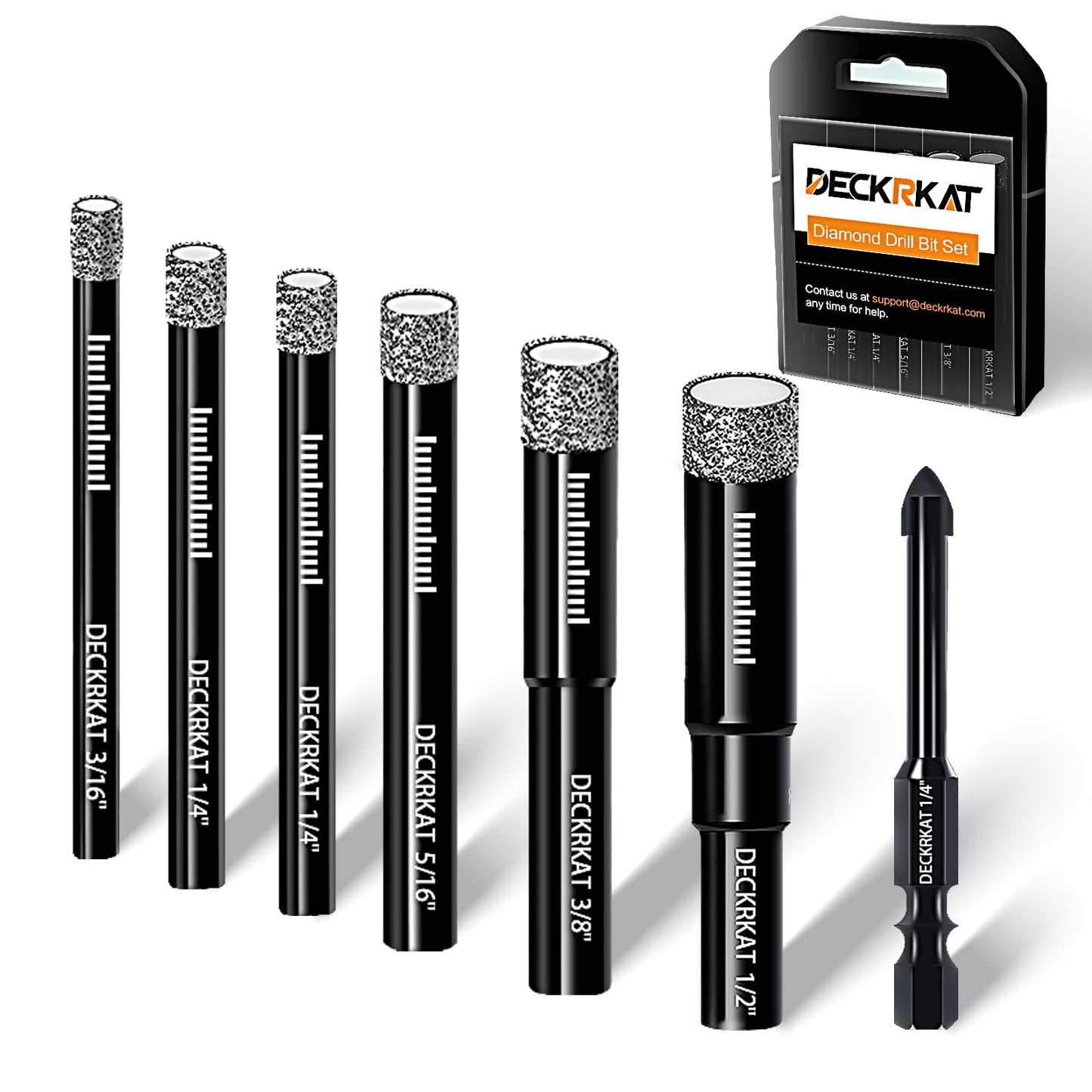 7 Piece Diamond Drill Bits Set, Core Drill Bits for Hard Materials - Tiles Ceramics Glass Stones – Built in Coolant, Fast Dry Drilling - Sizes 3/16" 1/4" 5/16" 3/8" 1/2" - Round Shank, Storage Case