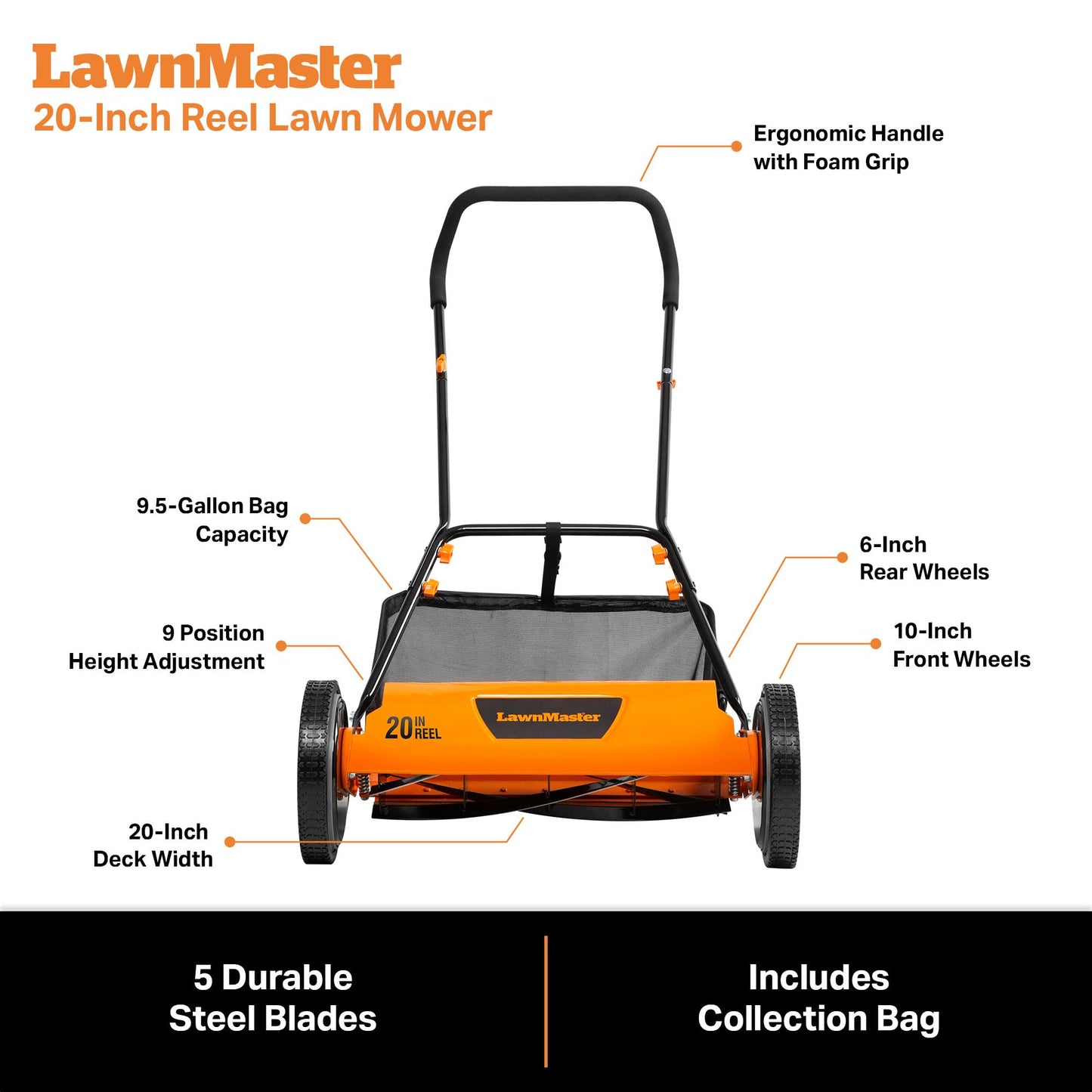 LawnMaster LMRM1801 Push Reel Lawn Mower 18-Inch 5-Blade