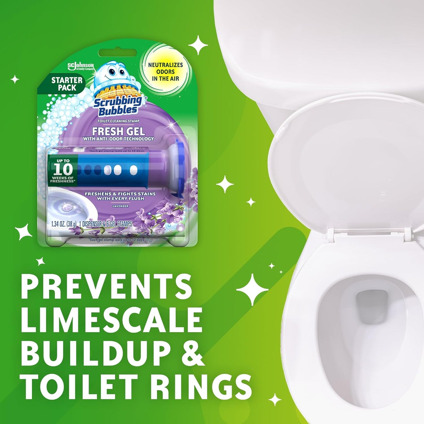 Scrubbing Bubbles Fresh Gel Toilet Bowl Cleaning Stamps, Helps Keep Toilet Clean and Helps Prevent Limescale & Rings, Lavender Scent, 1 Dispenser with 6 Fresh Gel Stamps (Pack of 2)