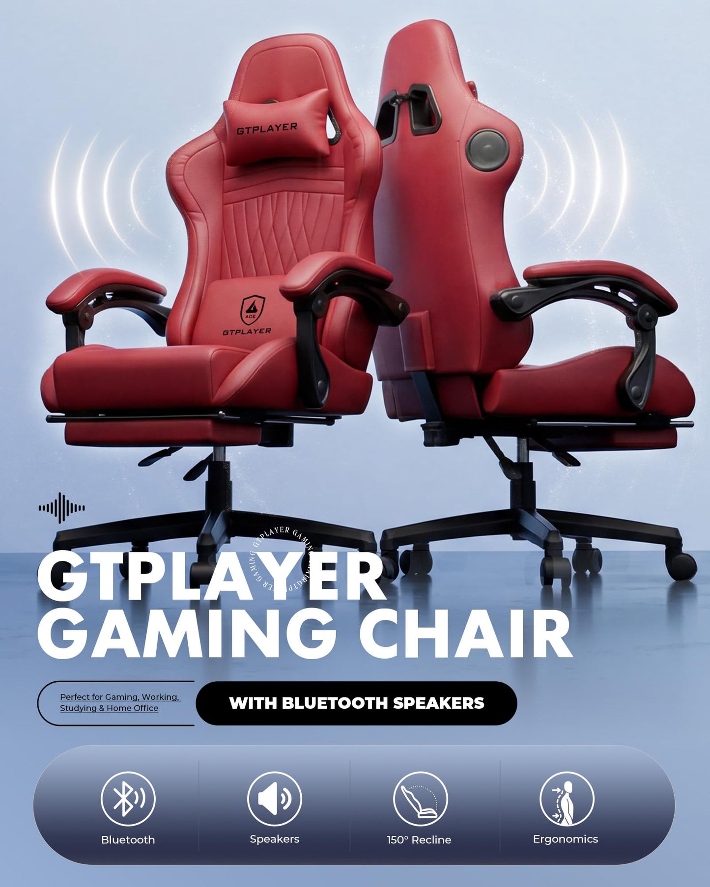 GTPLAYER Gaming Chair for Adults, Ergonomic Computer Game Chairs with Speakers, Footrest & Linkage Armrest, Reclining High Back Silla Gamer for Home Office, Ace Pro, Off-White