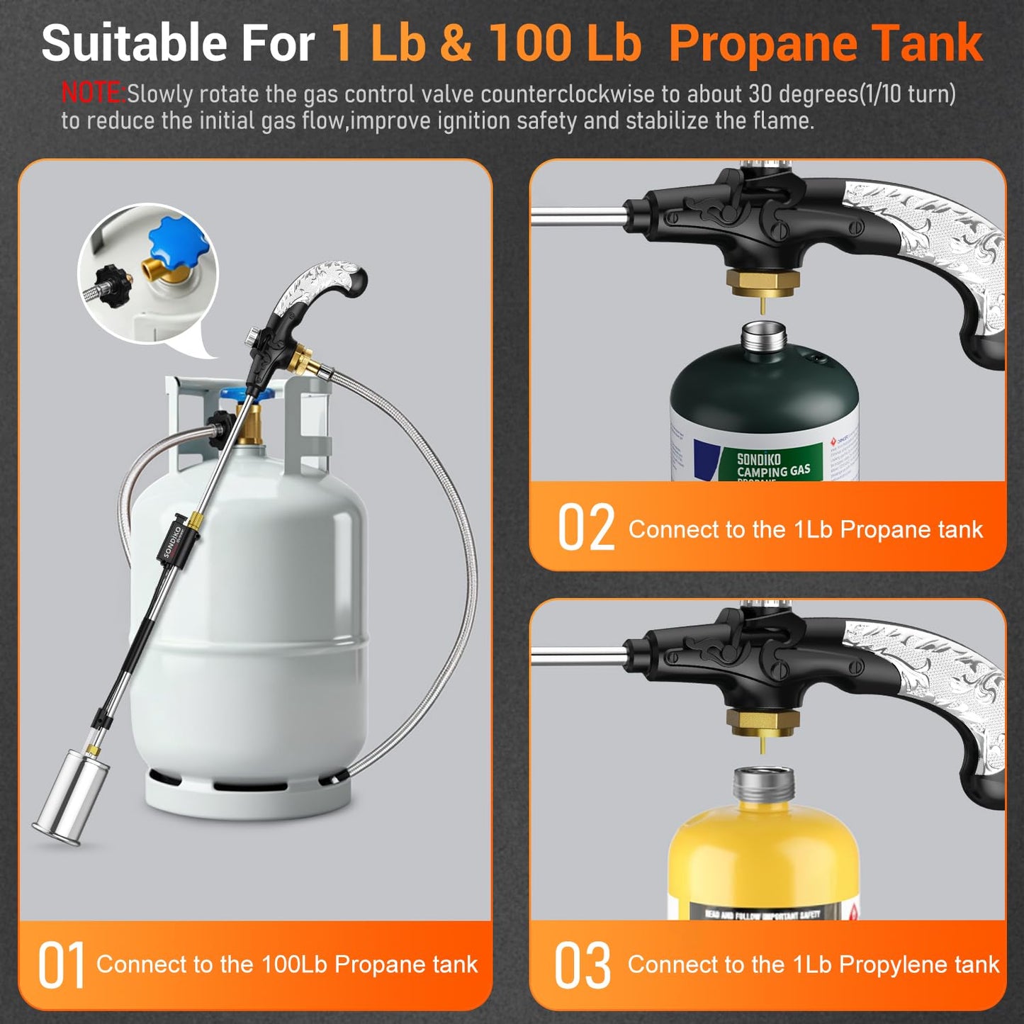 Sondiko Propane Torch Weed Burner, High Output Weed Torch Flamethrower, 30" Detachable Long Arm Heavy Duty Blow Torch For Garden, Wood, Ice, Snow, Melting(PROPANE TANK NOT INCLUDED)