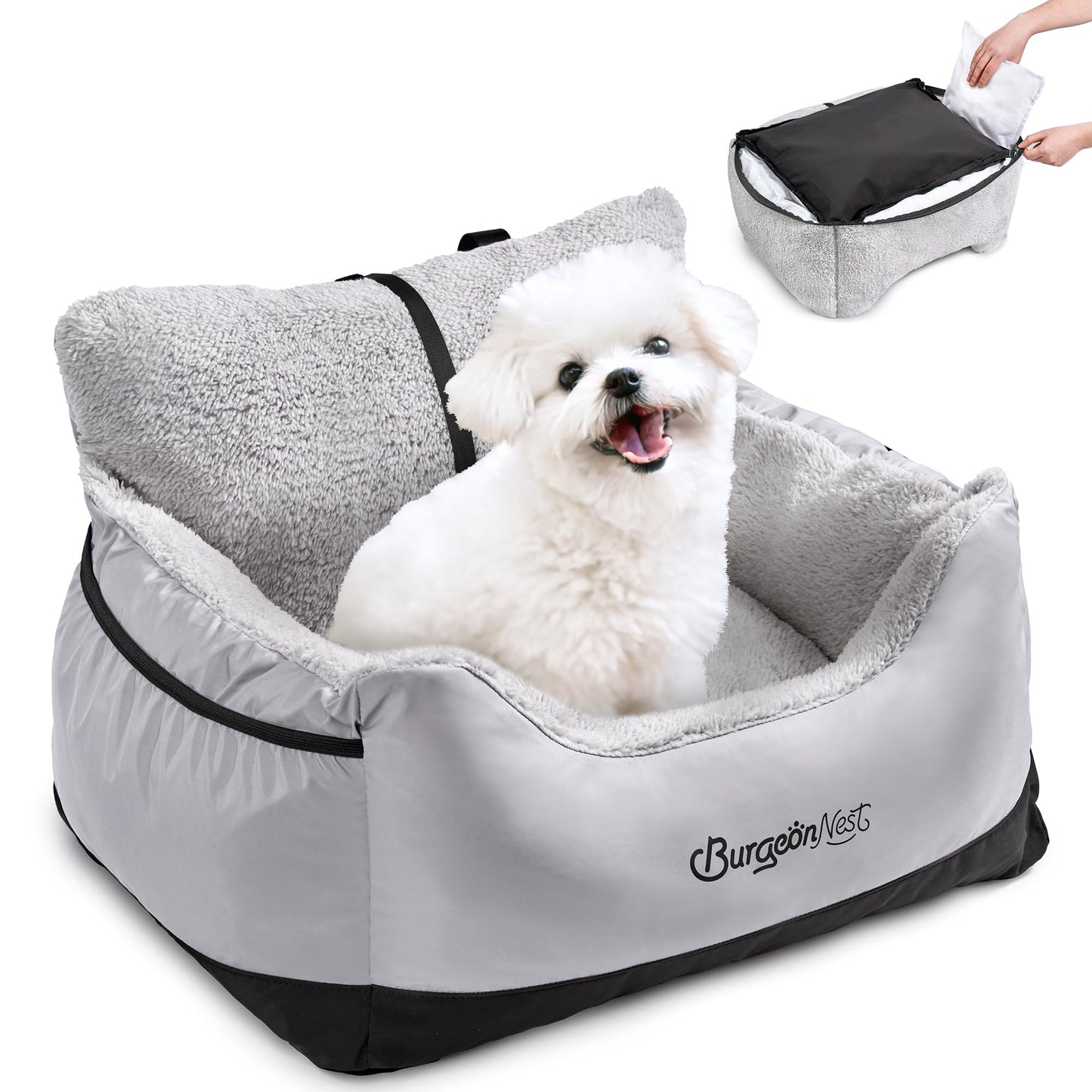 BurgeonNest Dog Car Seat for Small Dogs, Soft Pet Car Travel Home Bed Under 25 lbs, Fully Detachable and Washable Cat Booster Carseats with Storage Pockets and Clip-On Leash Portable Carrier,Black