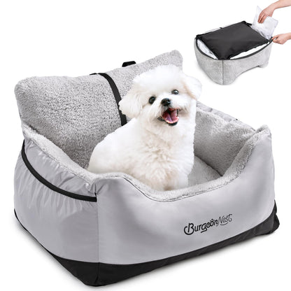 BurgeonNest Dog Car Seat for Small Dogs, Soft Pet Car Travel Home Bed Under 25 lbs, Fully Detachable and Washable Cat Booster Carseats with Storage Pockets and Clip-On Leash Portable Carrier,Black