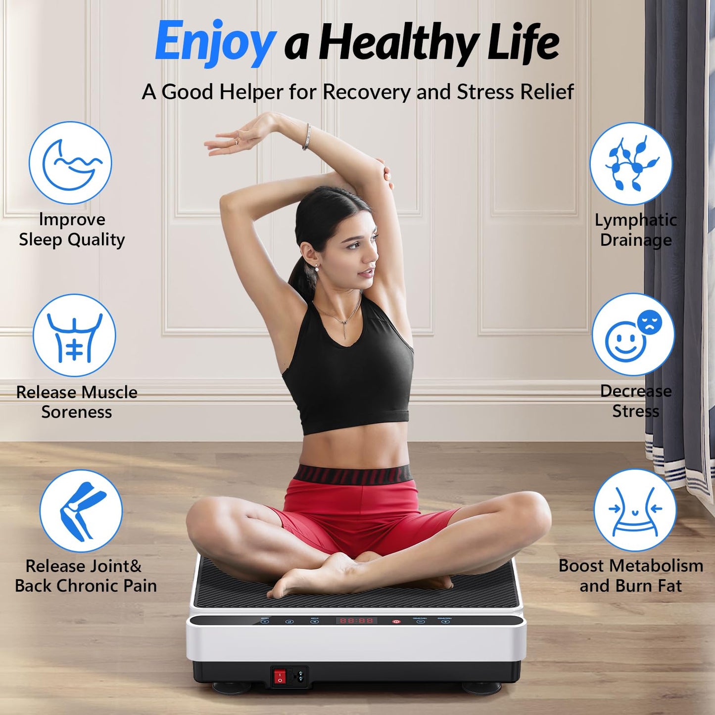 Vibration Plate Exercise Machine for Lymphatic Drainage, Full Body Shake Platform Board for Home Fitness, Fat Burning, 5 Program Modes and 99 Speed Levels