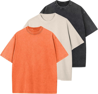 Men's Cotton T-Shirts Oversized Unisex Short Sleeves Casual Loose Wash Solid Basic Tee Tops