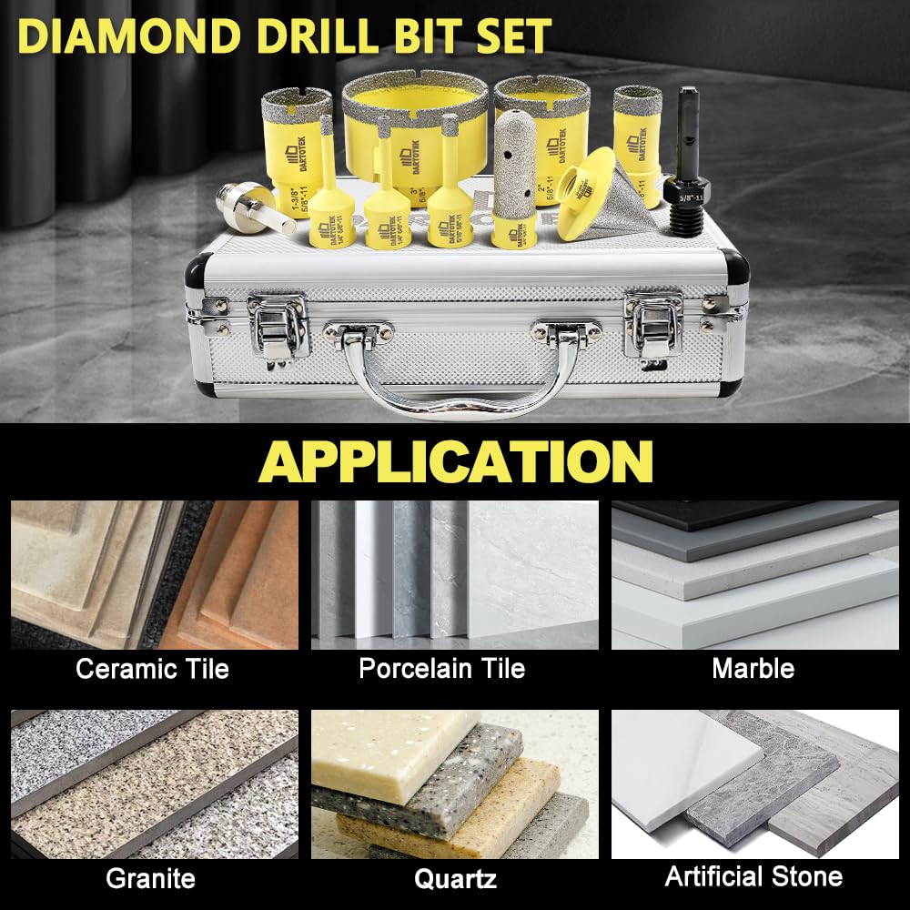 Diamond Core Drill Bits Set for Tile, DARTOTEK 10PCS Porcelain Hole Saw Kit with Aluminum Case, (6/6/8/20/35/50/65mm+2" Chamfer bit +SDS Adapter, Dry/Wet Drilling for Ceramic, Granite & Marble