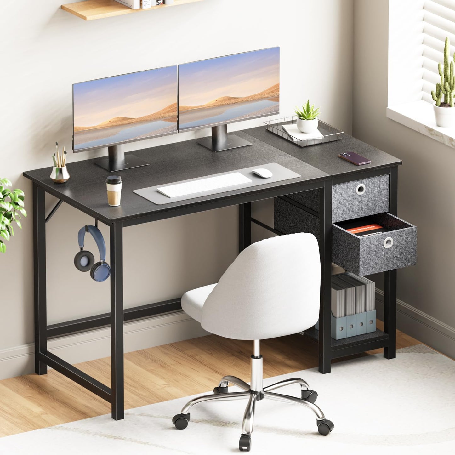 Sweetcrispy 47 Inch Computer Desk with Drawers for Home Office Writing Desk X Shaped Reinforcement Wood Surface Adjustable Position Modern Study Work Side Hook Metal Frame Storage Station Rust