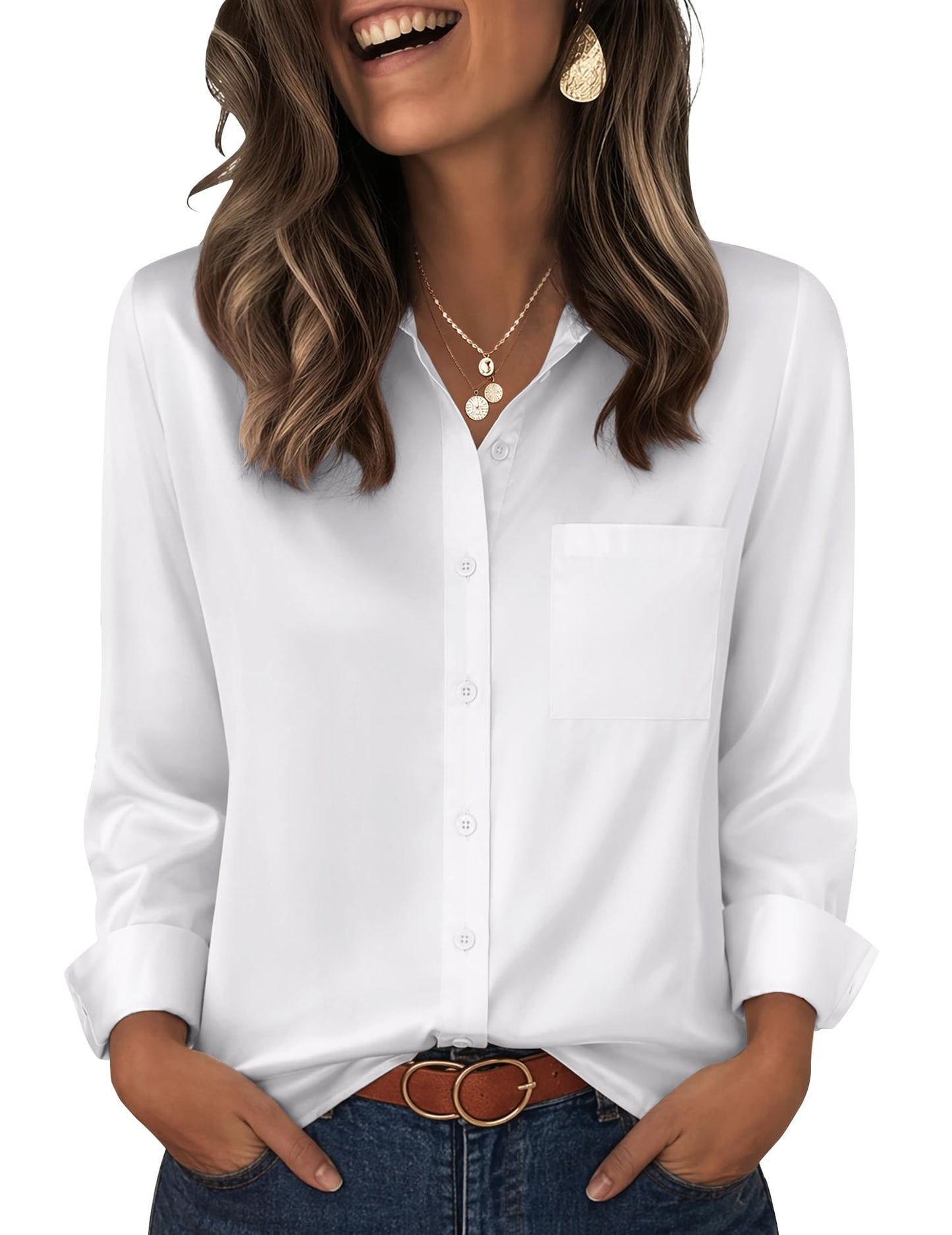 Zeagoo Womens Tops Satin Blouse Long Sleeve Shirts V Neck Dressy Casual | Button Down Business Outfits Fall Fashion With Pockets