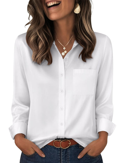 Zeagoo Womens Tops Satin Blouse Long Sleeve Shirts V Neck Dressy Casual | Button Down Business Outfits Fall Fashion With Pockets