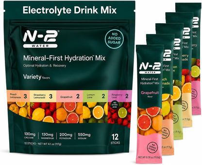 Mineral Hydration Packets – Electrolyte Powder Drink Mix with Calcium, Magnesium, Potassium – No Added Sugar, Natural Ingredients - Variety Pack (12 Packets)