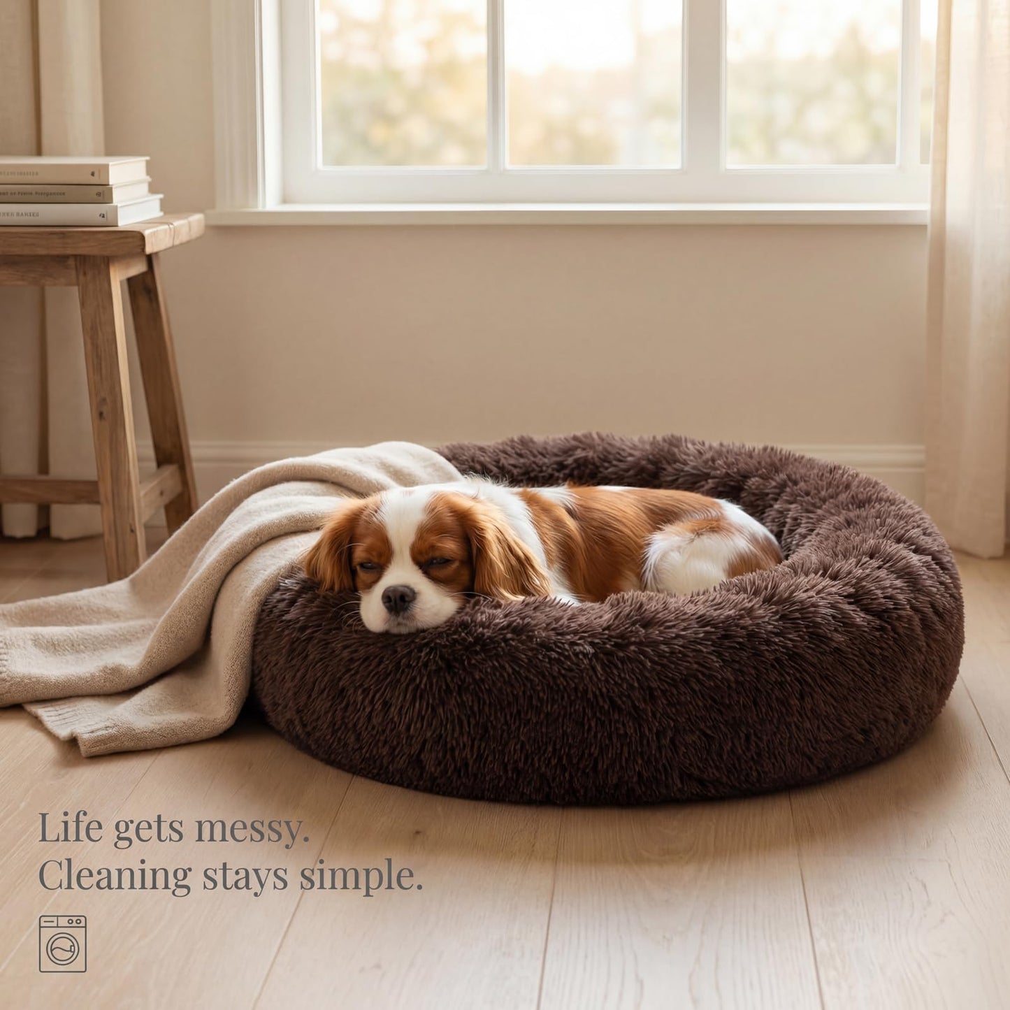 Small Calming Dogs Bed for Small Dogs Anti-Anxiety Machine Washable Fluffy Luxury Anti-Slip Waterproof Mute Base Warming Cozy Soft Pet Puppy Round Bed