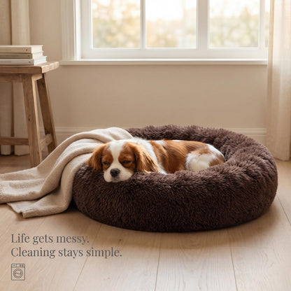Small Calming Dogs Bed for Small Dogs Anti-Anxiety Machine Washable Fluffy Luxury Anti-Slip Waterproof Mute Base Warming Cozy Soft Pet Puppy Round Bed