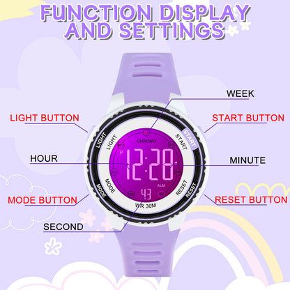 DTKID Digital Kids Watch 30 M Waterproof, 7 Color Lights Time Teaching Watch Easy to Read for Girls Boys 5-16