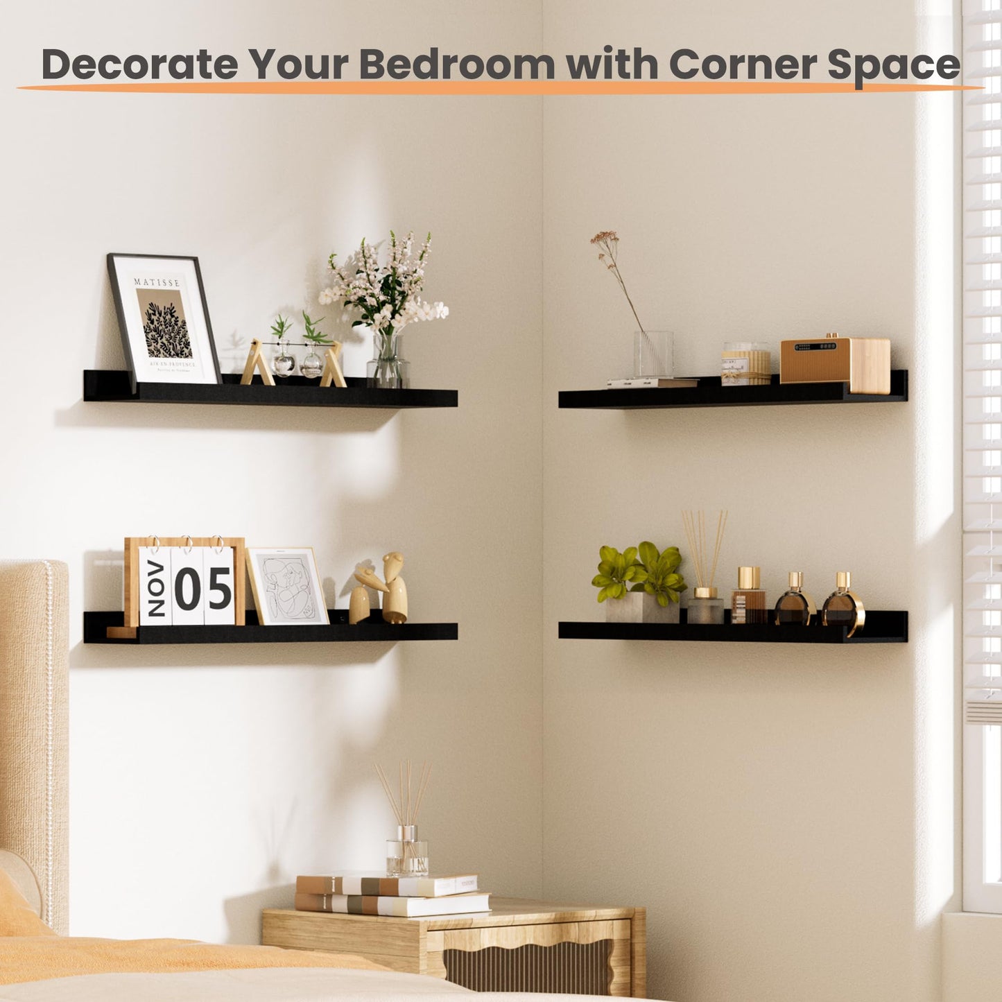 upsimples Floating Shelves for Wall, Wall Shelves for Decor Storage Set of 6, Wall Mounted Wood Shelf for Bedroom, Living Room, Bathroom, Kitchen, Picture Ledge Shelf, Black