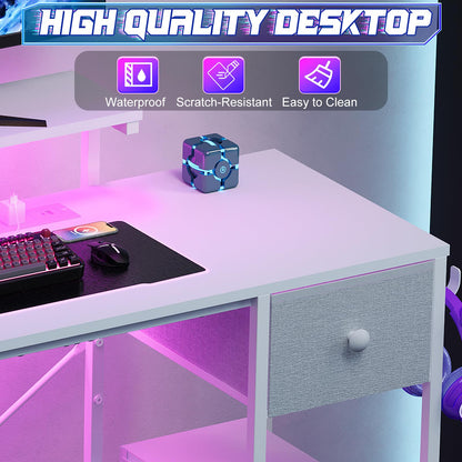 X-cosrack 33.5" Small Gaming Desk with LED Lights & Power Outlets, Compact Computer Desk with Monitor Stand & CPU Stand, Gamer Table with Storage Drawer, Side Hooks for Home Office, Bedroom, Black