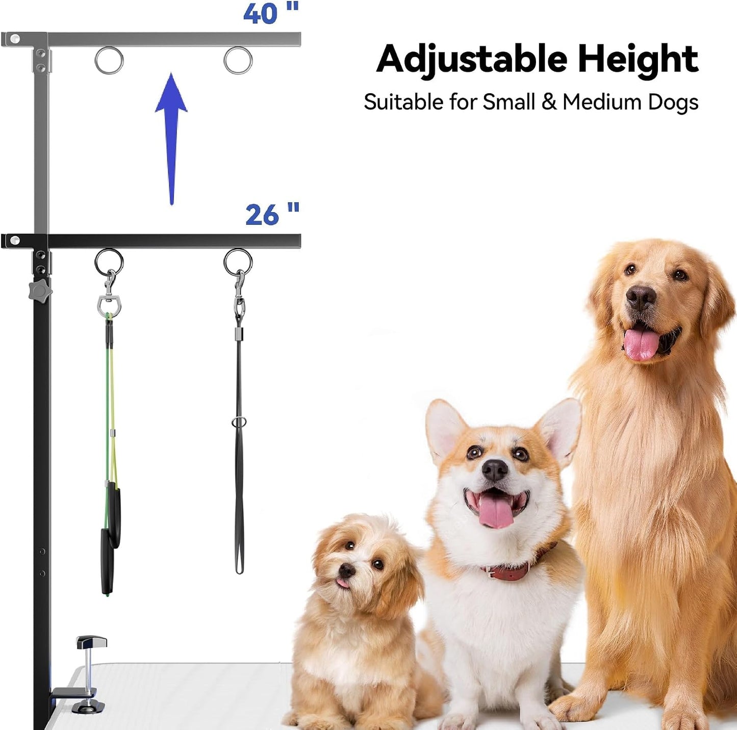 Dog Grooming Arm for Table, for Small Dogs, with Hammock & Haunch Holder | Foldable Arm with Clamp, Adjustable Height 26"-40", Pet Grooming Station for Home Nail Cutting & Trimming