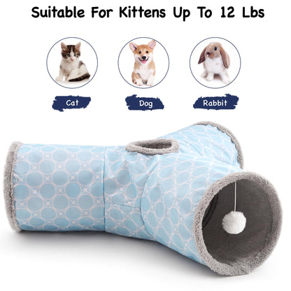 Tempcore Pet Cat Tunnel Tube Toys 3 Way Collapsible, Tunnels for Indoor Cats, Interactive Tube with Teaser Wand, Peek Holes & Hanging Ball, Black & Blue
