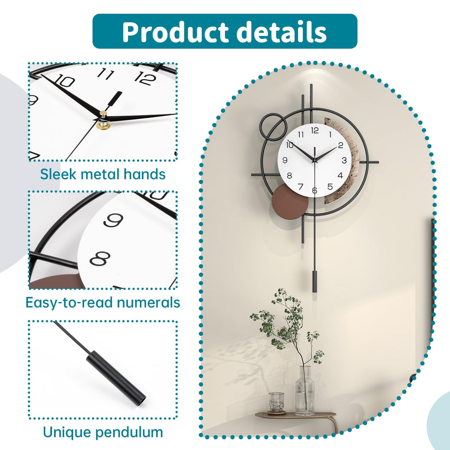 Wall Clock Decorative Large Modern Wall Clock Silent Non-Ticking Battery Operated Gold Unique Pendulum Clock for Living Room,Bedroom,Office,Kitchen,Bathroom,Wall Decor 13.8x21.9in