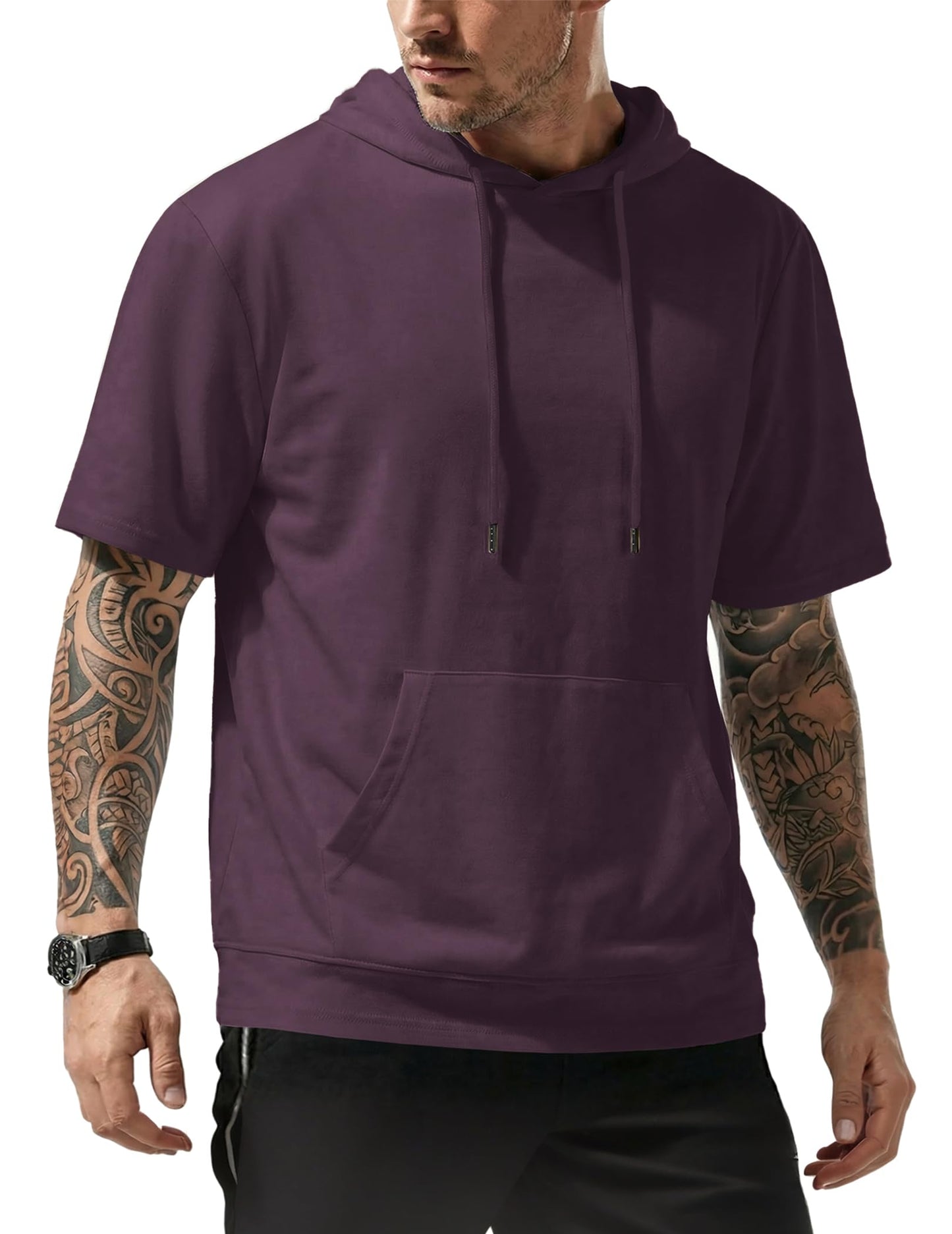 JMIERR Mens Short Sleeve Hoodie Cotton Hooded T-shirts Lightweight Solid Tops with Pocket