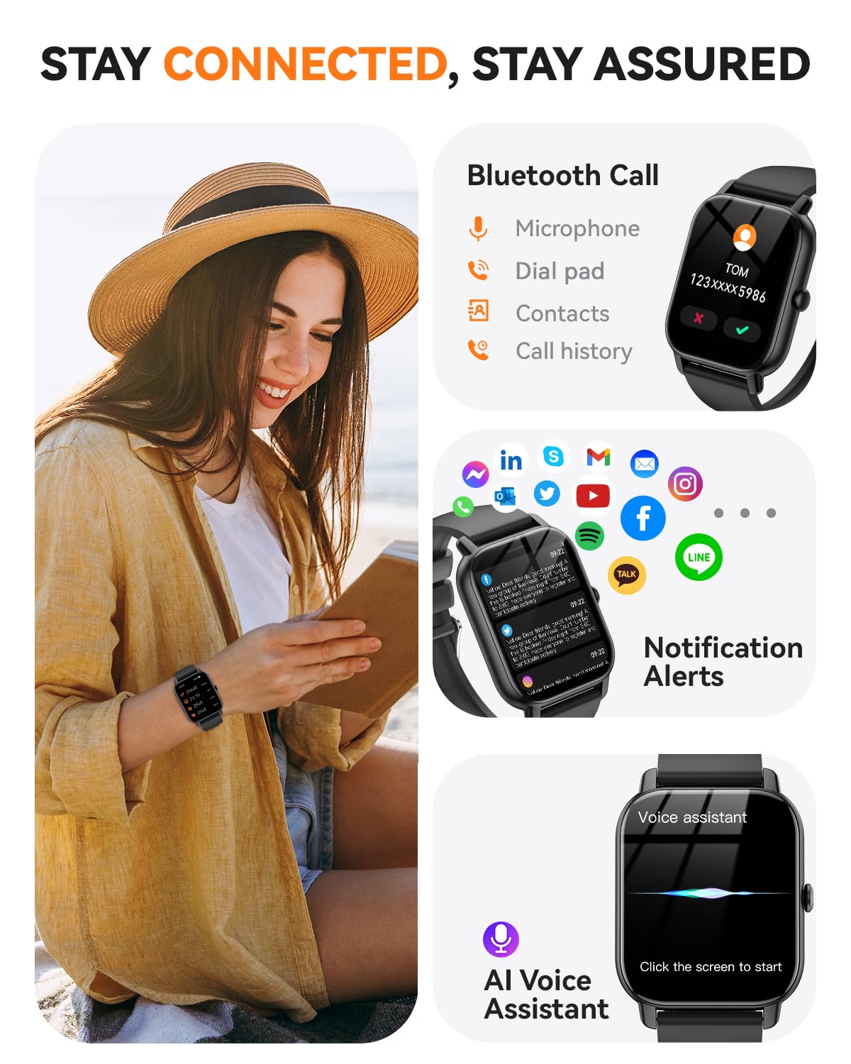 Smart Watches for Men Women, Fitness Tracker with Activity Counter/Sleep Monitor, IP68 Waterproof Smart Watch for Android iPhone iOS Compatible (Jet Black, 1.83)